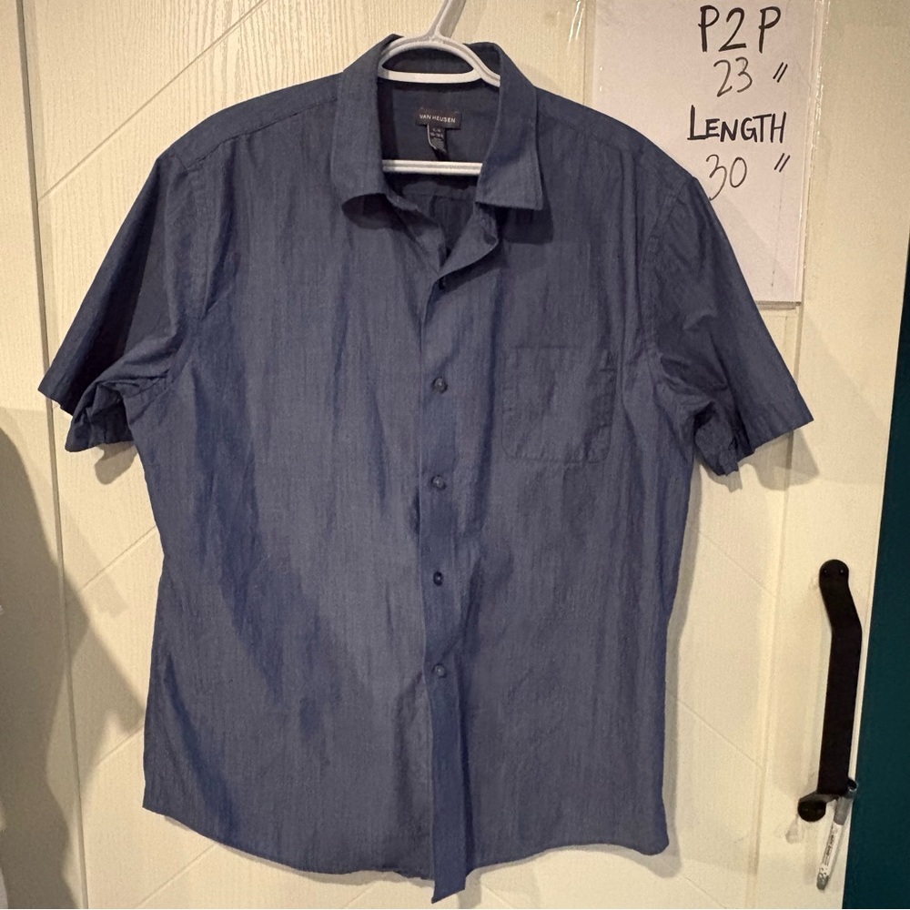 Van Heusen Blue Chambray Short Sleeve Button Down Shirt Lrg‎ Cotton Blend Casual
